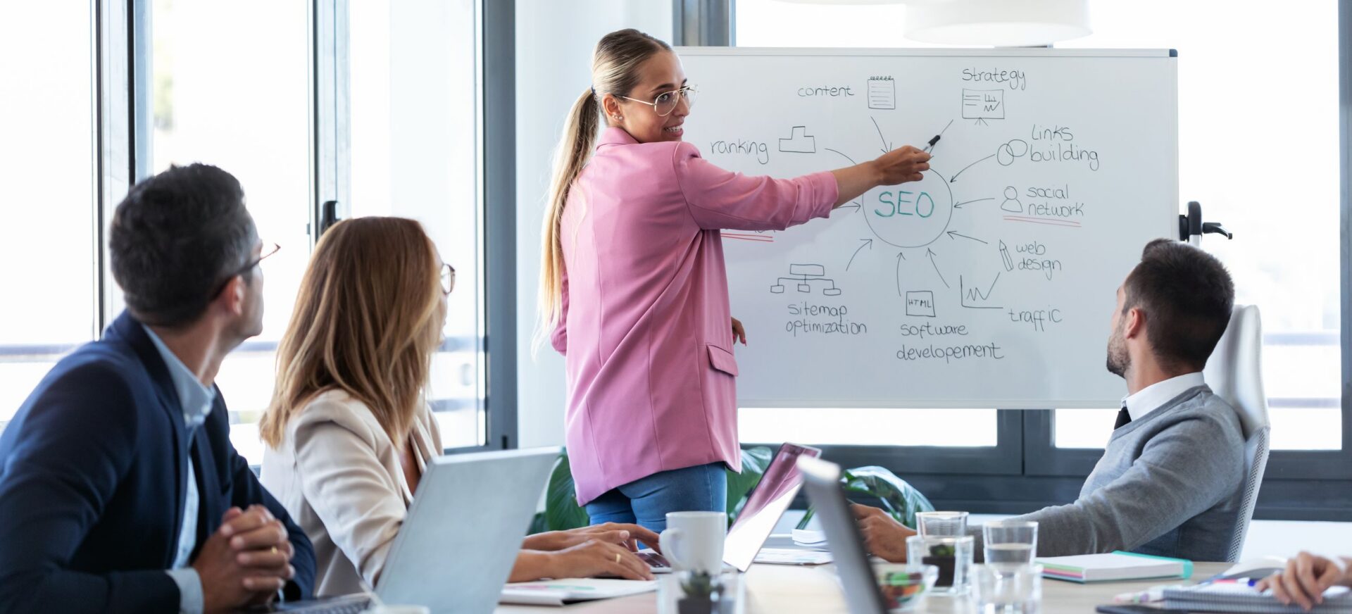 Consulting team jointly develops a growth strategy at the whiteboard — a symbol of IMPLENEX’s implemented go-to-market and growth projects.